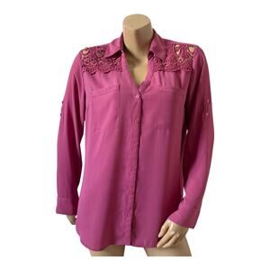 EXPRESS Womens Size Large Fuchsia Pink Convertible Portofino Button Front Shirt